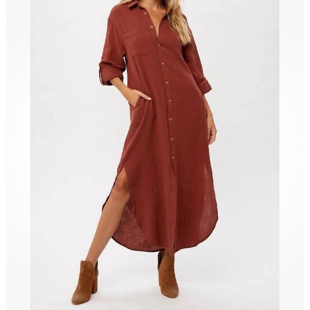 Bluivy Button Front Maxi Shirt Dress‎ Women Size Small Orange Brown Lagenlook